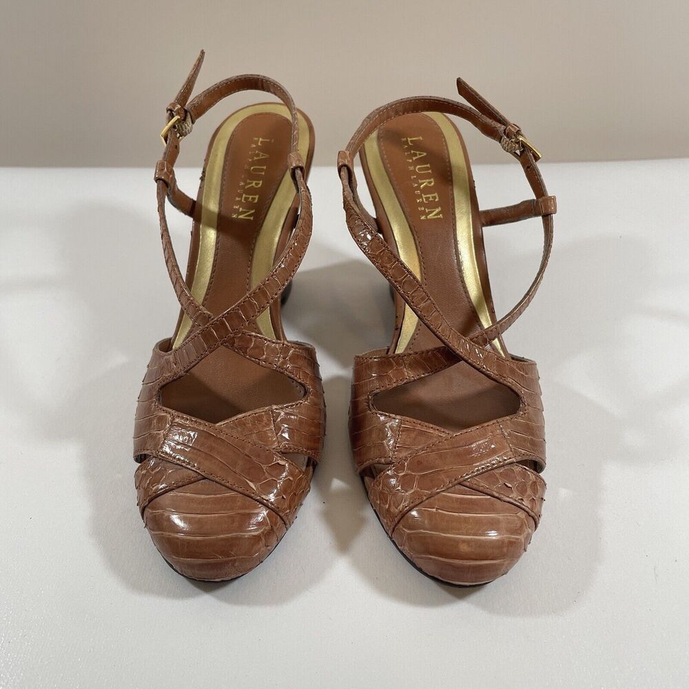 Womens Size 6 Ralph Lauren Brown Slingback Closed Toe Wedge Heel Snakeskin - Picture 2 of 16